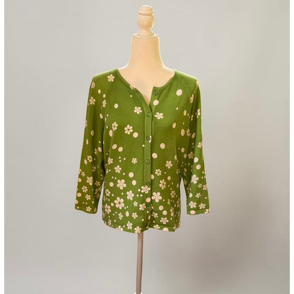 Vintage Talbots Green Daisy Polka Dot Cardigan Sweater Knit 90s Y2K Preppy